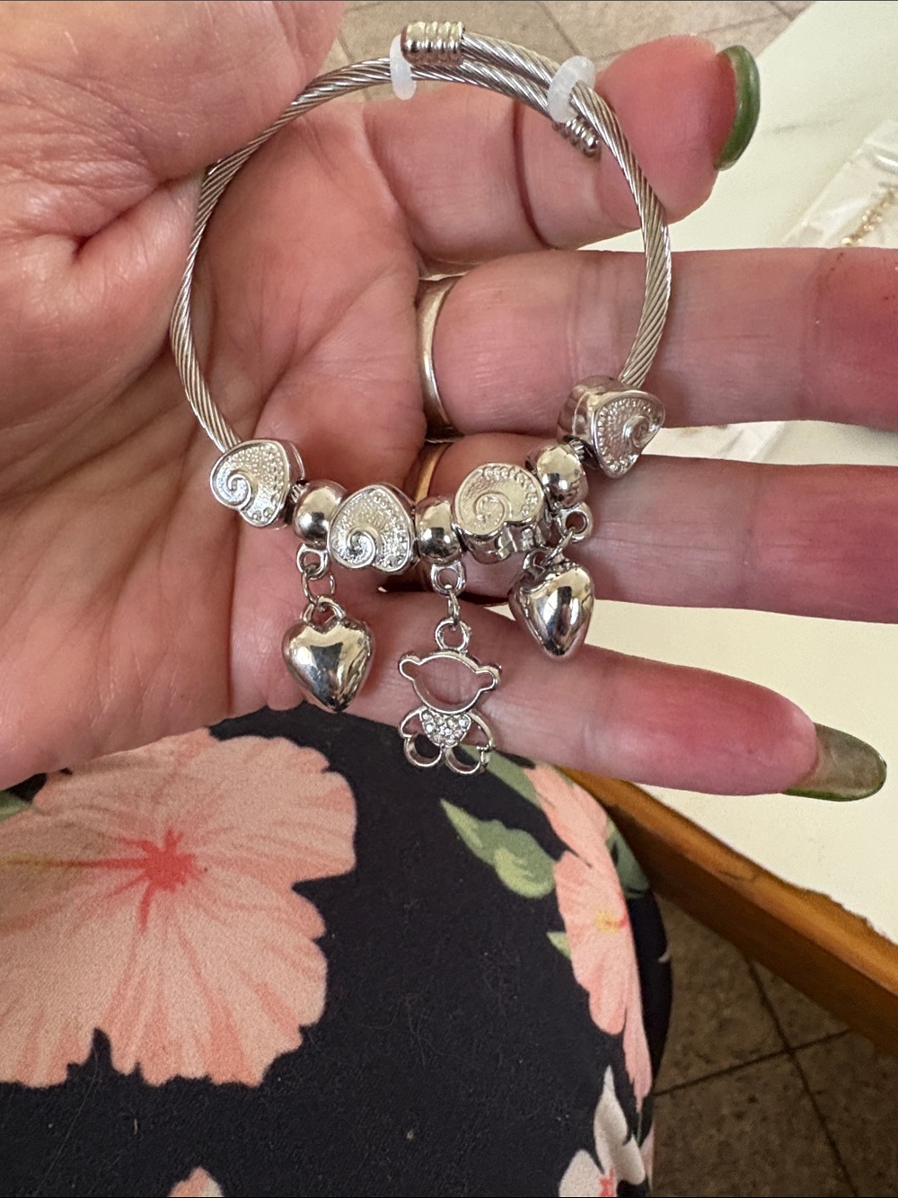 Silver Heart Charm Bracelet with Teddy Pendant - Silver